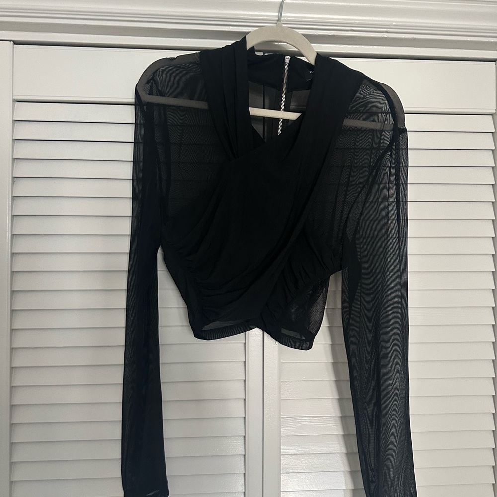 Sheer Black Crop Wrap Blouse